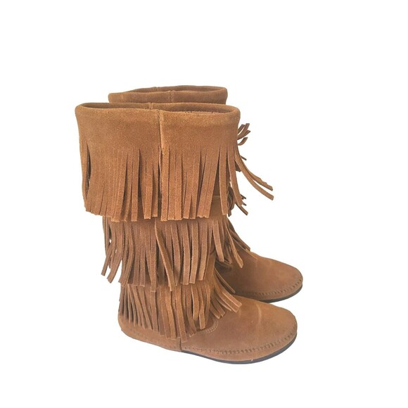 Minnetonka Brown Suede Leather Moccasins Fringe Boots Pull On 1632 Womens Size 8 - Picture 1 of 7